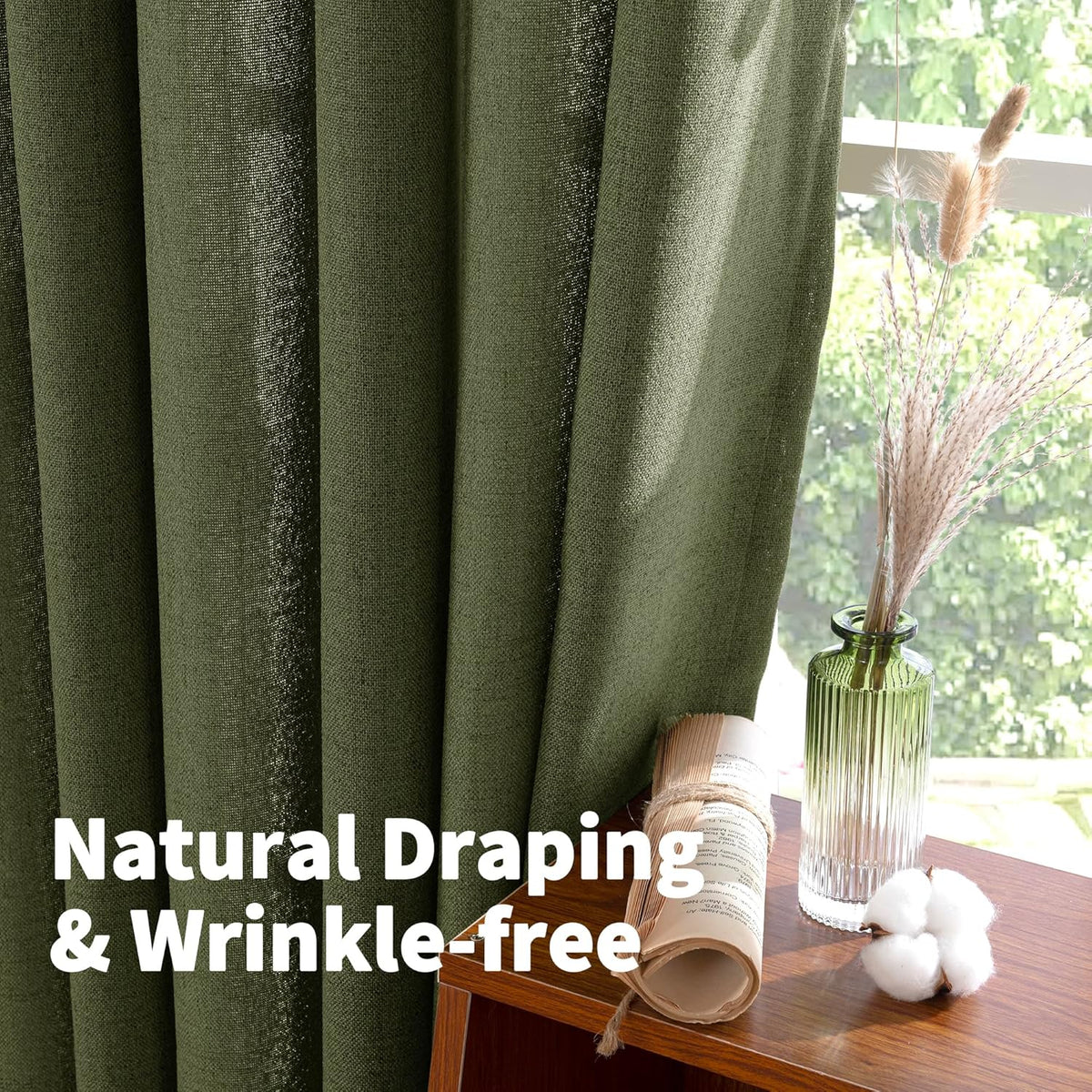 YoungsTex Olive Green Linen Curtains 63 Inch Length for Living Room, Rod Pocket Back Tab Light Filtering Drapes Semi Sheer Window Treatments for Bedroom Farmhouse, 2 Panels, 42 X 63 Inch