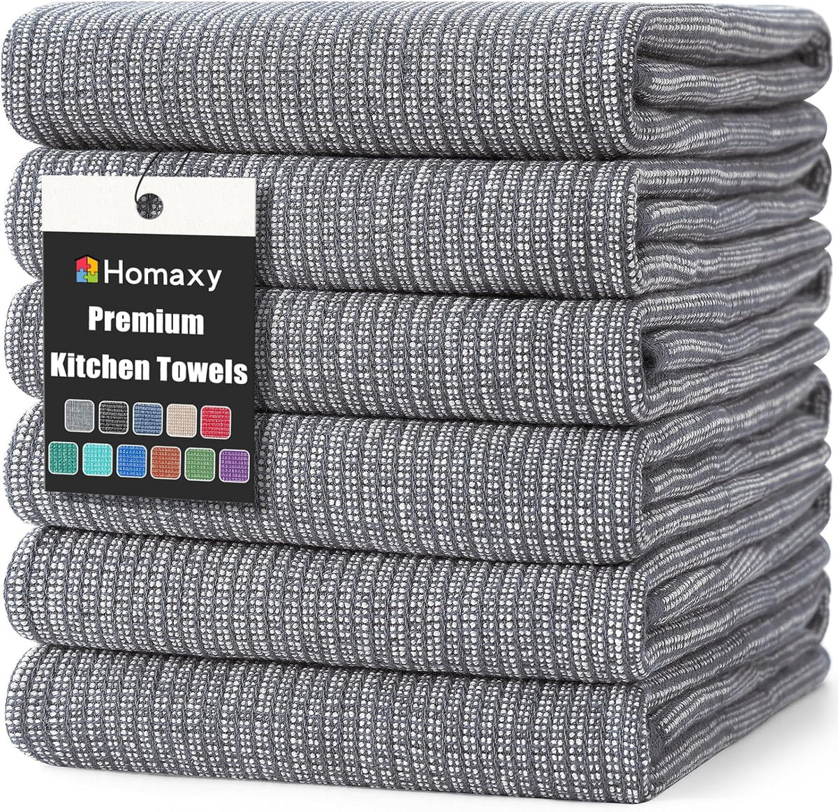 Homaxy Premium Kitchen Towels(18”x 28”, 6 Pack), Large Cotton Kitchen Hand Towels, Flat and Terry Dish Towels, 380 GSM Highly Absorbent Tea Towel Set with Hanging Loop, Grey