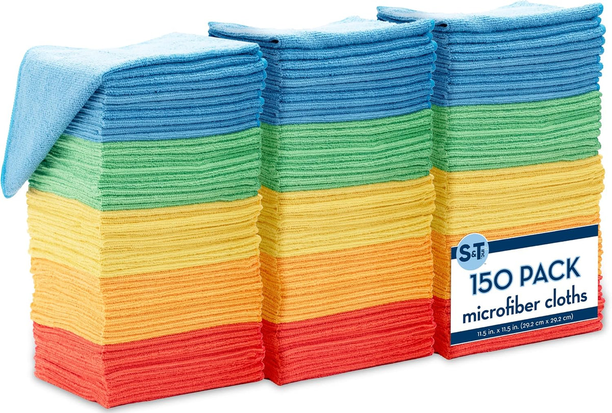 S&T INC. 150 Pack Microfiber Cleaning Cloth, Bulk Towels for Home, Reusable Microfiber Towels for Cars, Cleaning Rags, Assorted, 11.5 Inches x 11.5 Inches, 150 Count