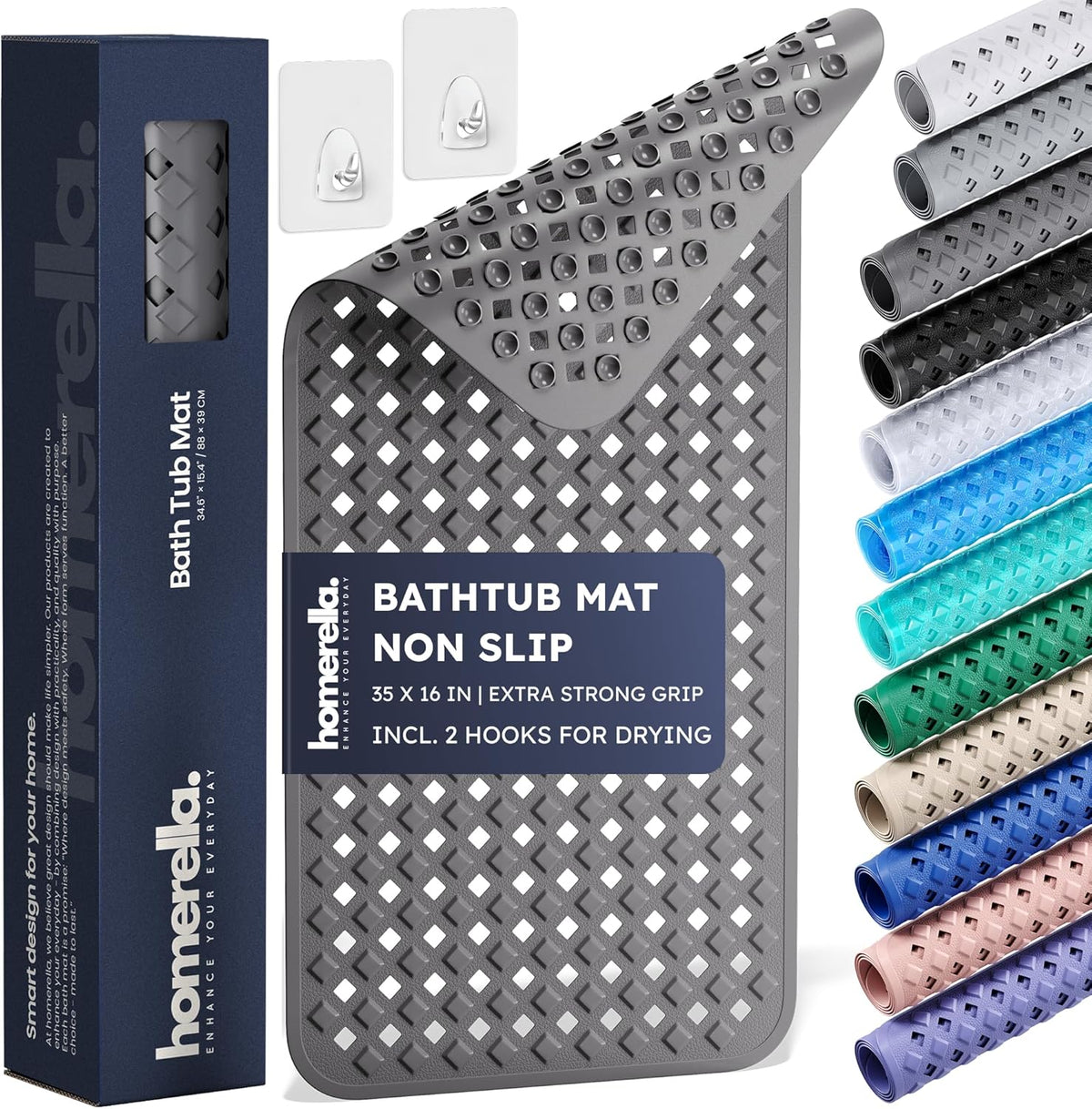 homerella® Bathtub Mat Non Slip 35x16, Incl. Hooks for Drying, Extra Long, 100% BPA Free, Shower Mat Non Slip Anti Mold, Machine Washable, Shower Mats for Inside Shower Mildew Resistant
