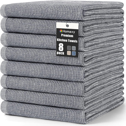 Homaxy Premium Kitchen Towels(18”x 28”, 8 Pack), Large Cotton Kitchen Hand Towels, Flat and Terry Dish Towels, 380 GSM Highly Absorbent Tea Towel Set with Hanging Loop, Grey