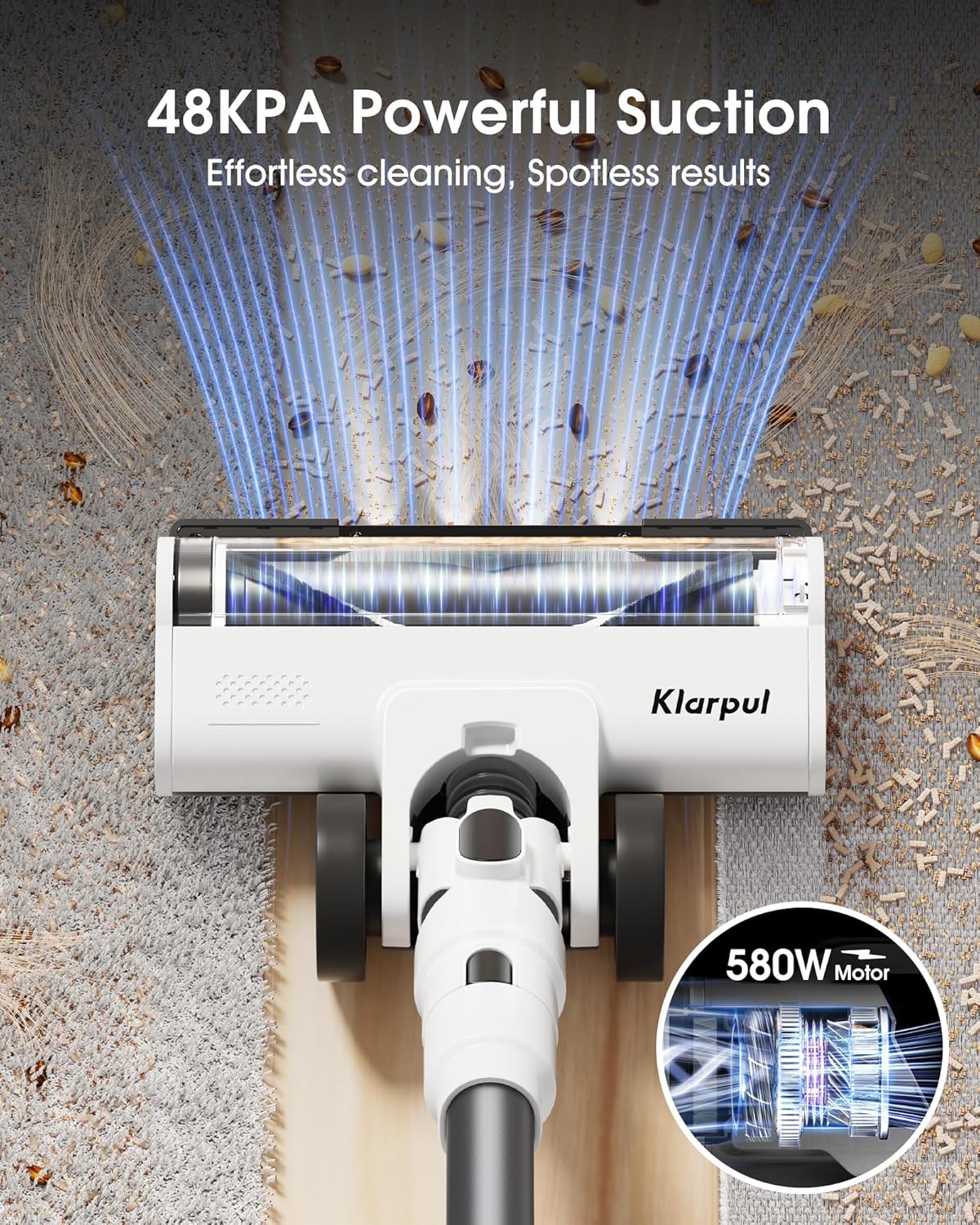 Cordless Vacuum Cleaner, 580W 48KPA 65Mins Runtime Fast Charging Vacuum Cleaner, Self-Standing LED Light Touch Screen Stick Vacuum for Home Light Weight,for Pet Hair/Carpet/Floor, White